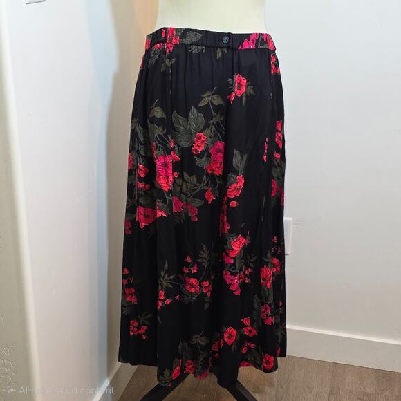 Vintage Koret Dark Floral MIDI Skirt Size 18 XL Roses Black Red Dark Romantic - Picture 5 of 7
